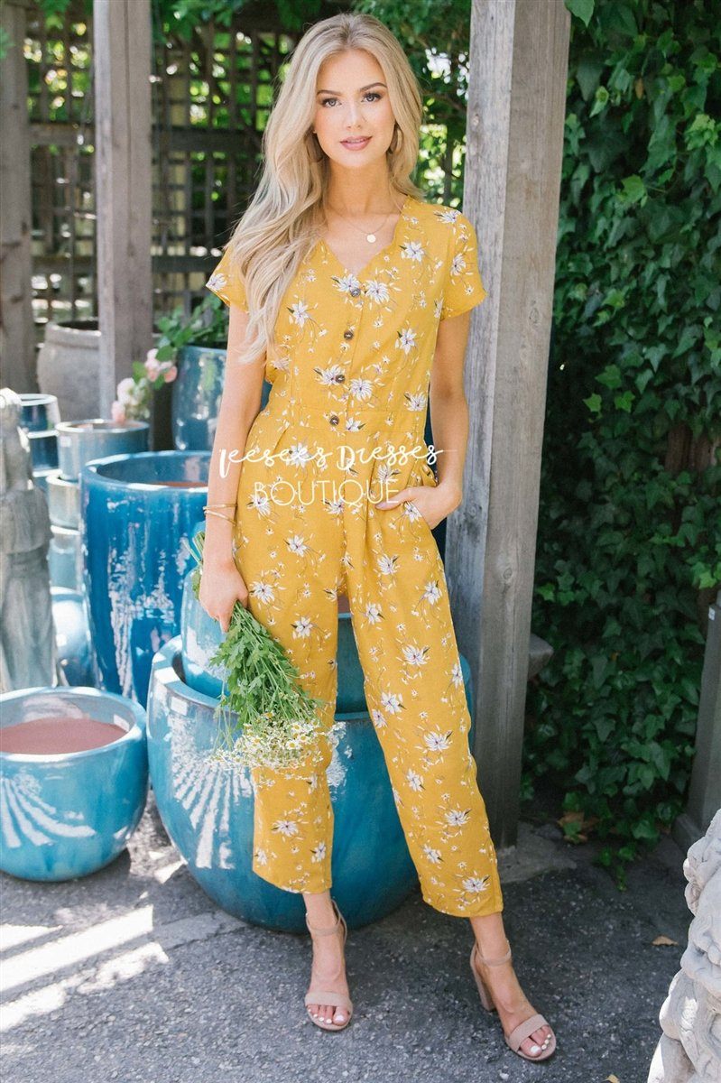 The Mimi Floral Jumpsuit Modest Dresses vendor-unknown Mustard Floral Print S 