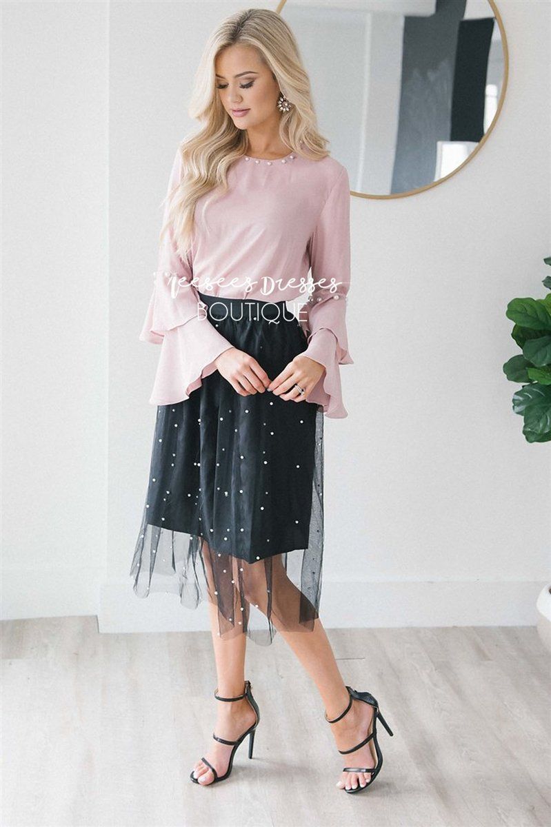 Pearl Detail Tulle Skirt Skirts vendor-unknown S Black 