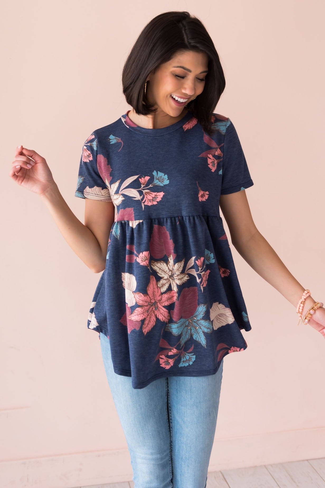 Breezy Floral Modest Babydoll Top Tops vendor-unknown 