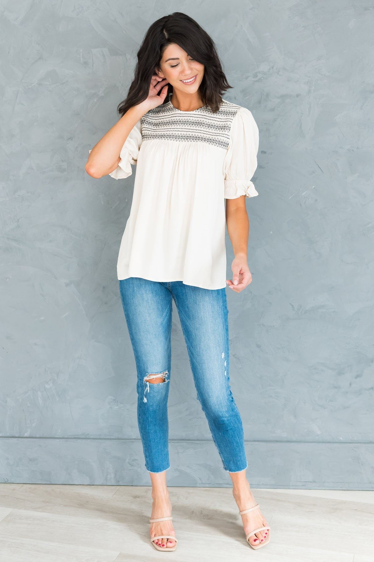 Drift Away Embroidered Modest Blouse Tops vendor-unknown 