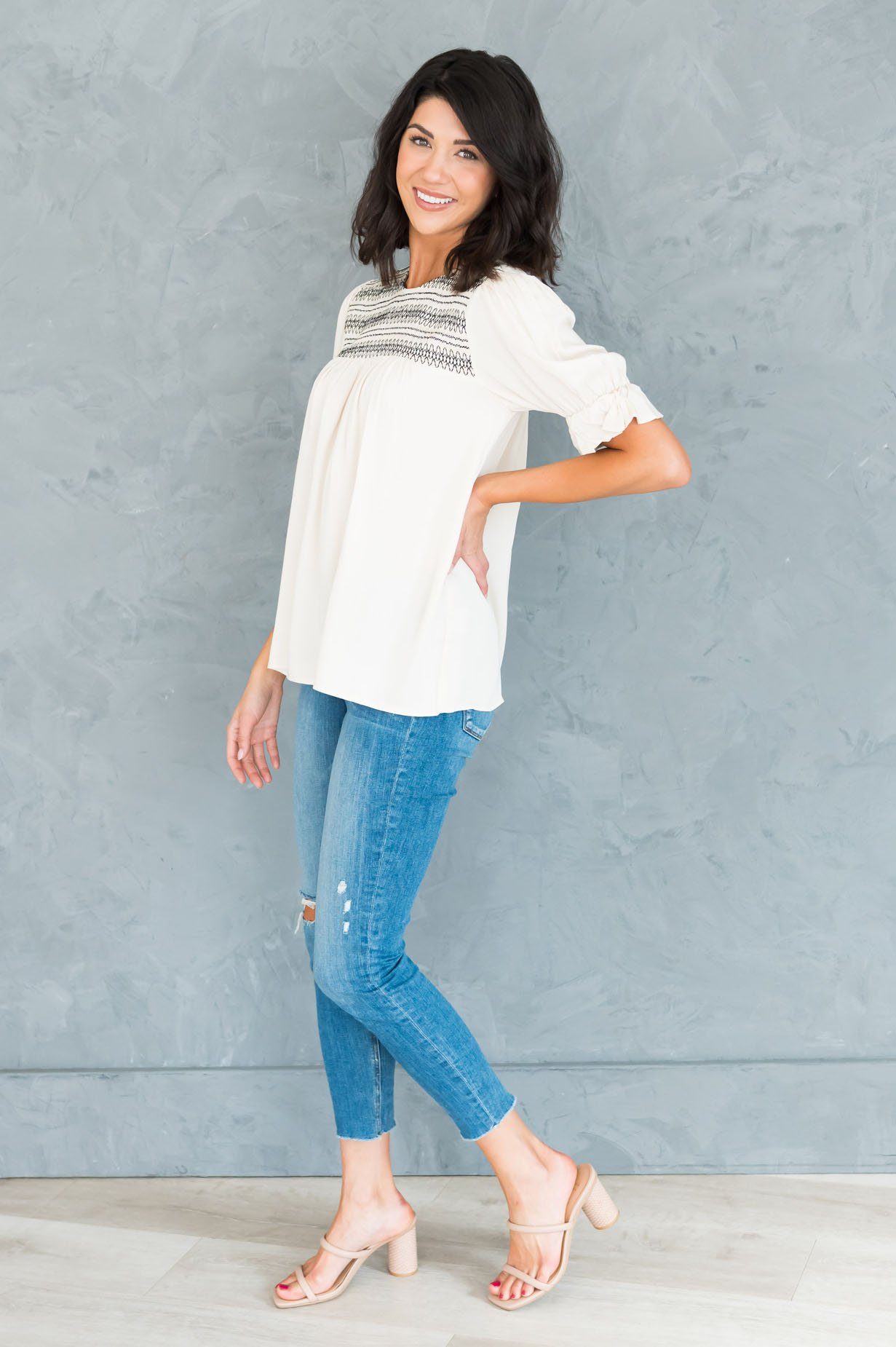 Drift Away Embroidered Modest Blouse Tops vendor-unknown 