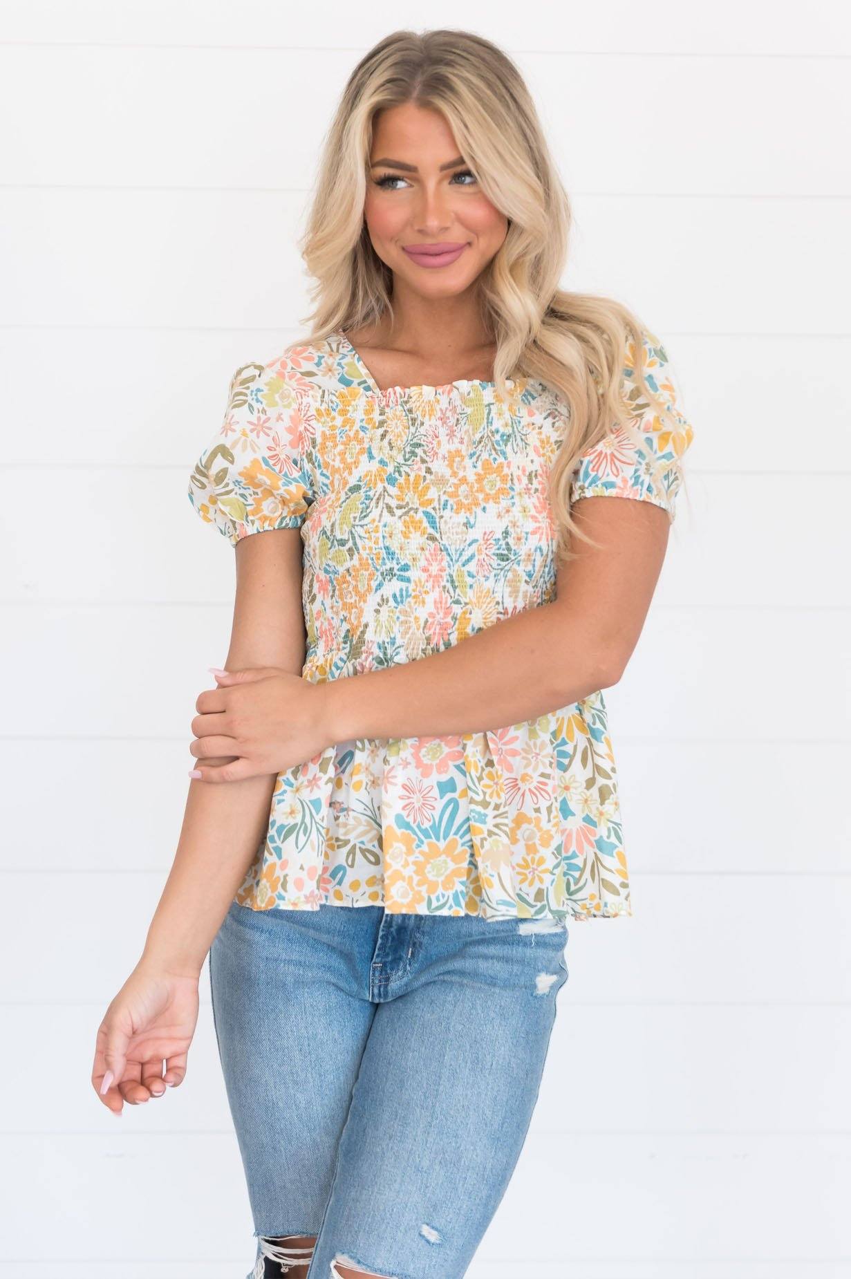 In The Spotlight Smocked Modest Top Modest Dresses vendor-unknown 