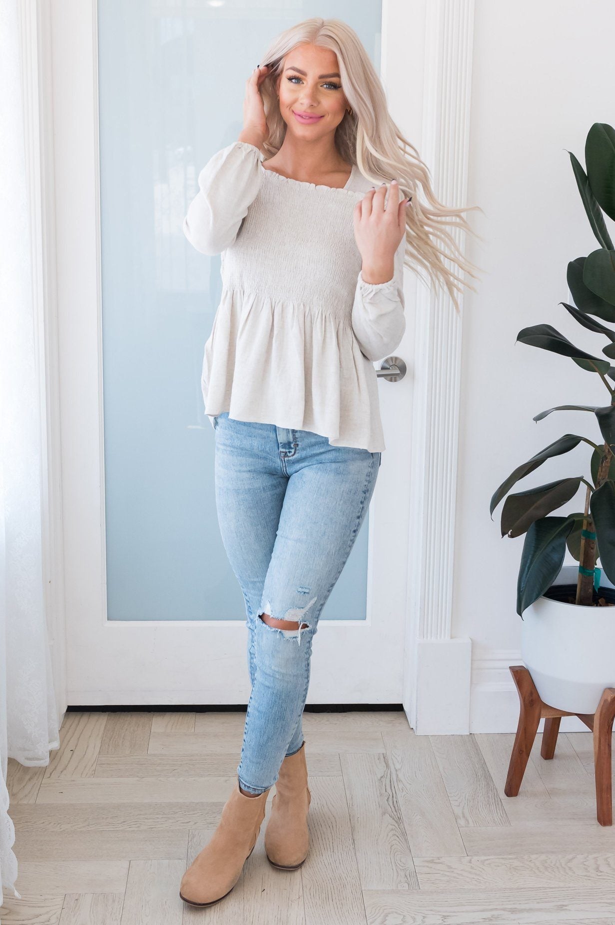 Inhale Confidence Smocked Modest Blouse Modest Dresses vendor-unknown 