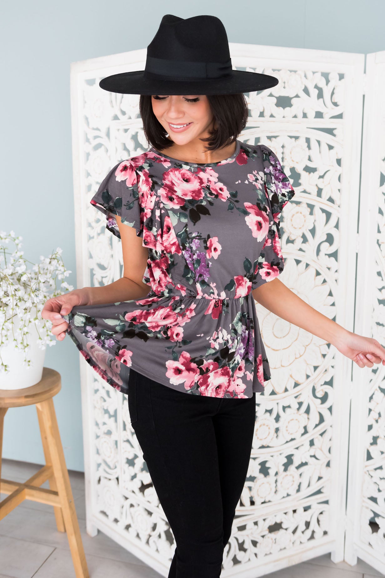 Carefree Modest Ruffle Peplum Blouse Tops vendor-unknown 