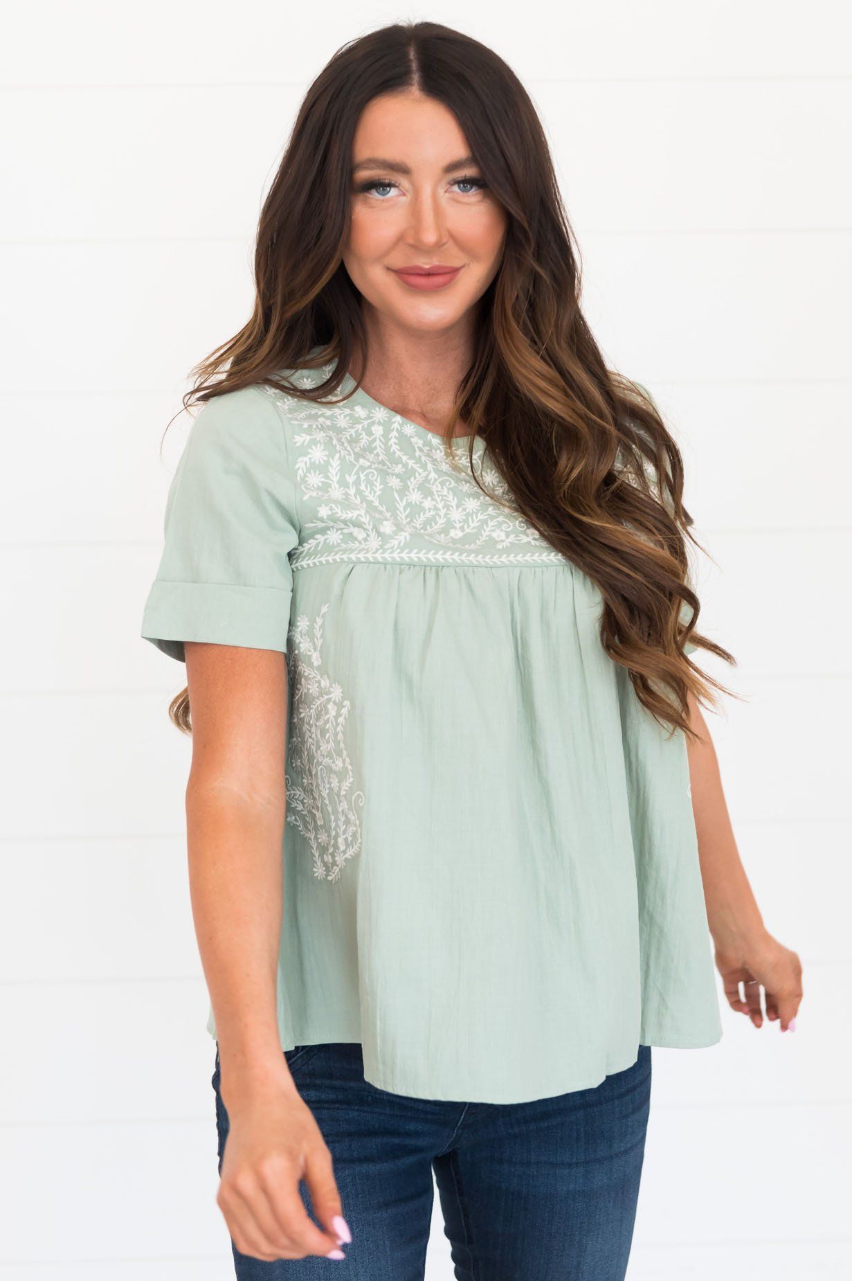 Classic Beauty Modest Embroidered Blouse Tops vendor-unknown 