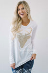 Gold Sequin Sparkly Reindeer Sweater Tops vendor-unknown White S 