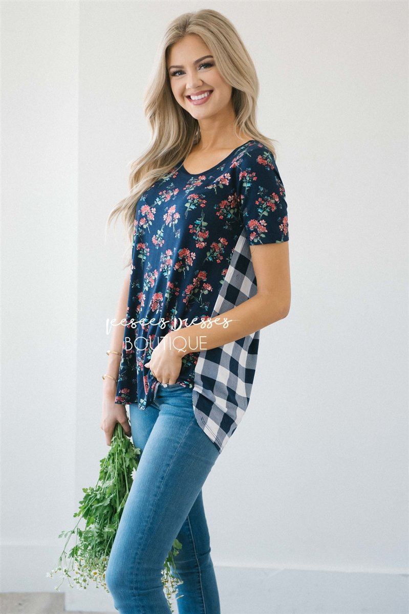 Floral Front Plaid Back Top Tops vendor-unknown Navy Floral/ Navy Plaid XS 