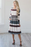 The Hazen Modest Dresses vendor-unknown S Cream Charcoal & Burgundy Stripes