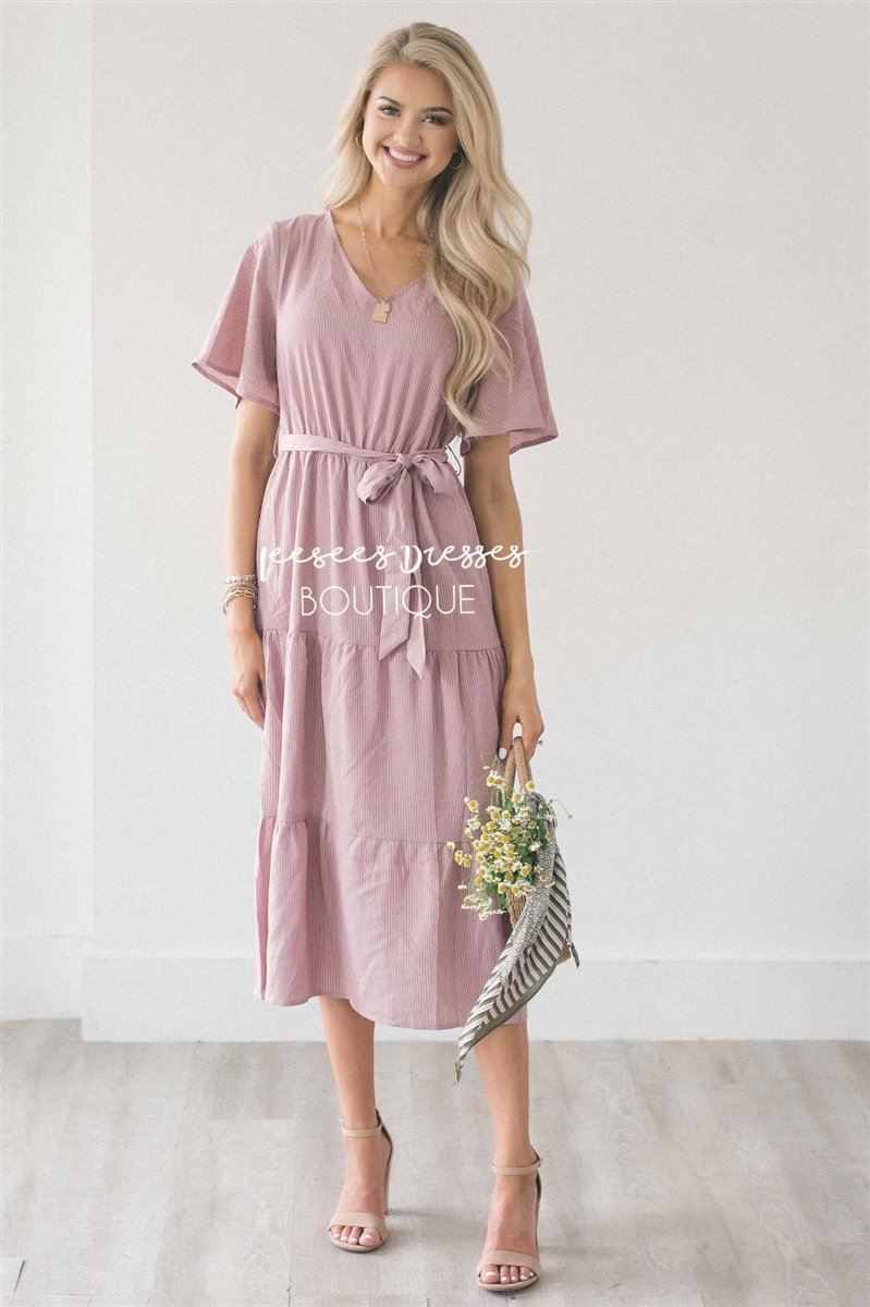 The Shara Modest Dresses vendor-unknown Mauve & Ivory Stripes S 