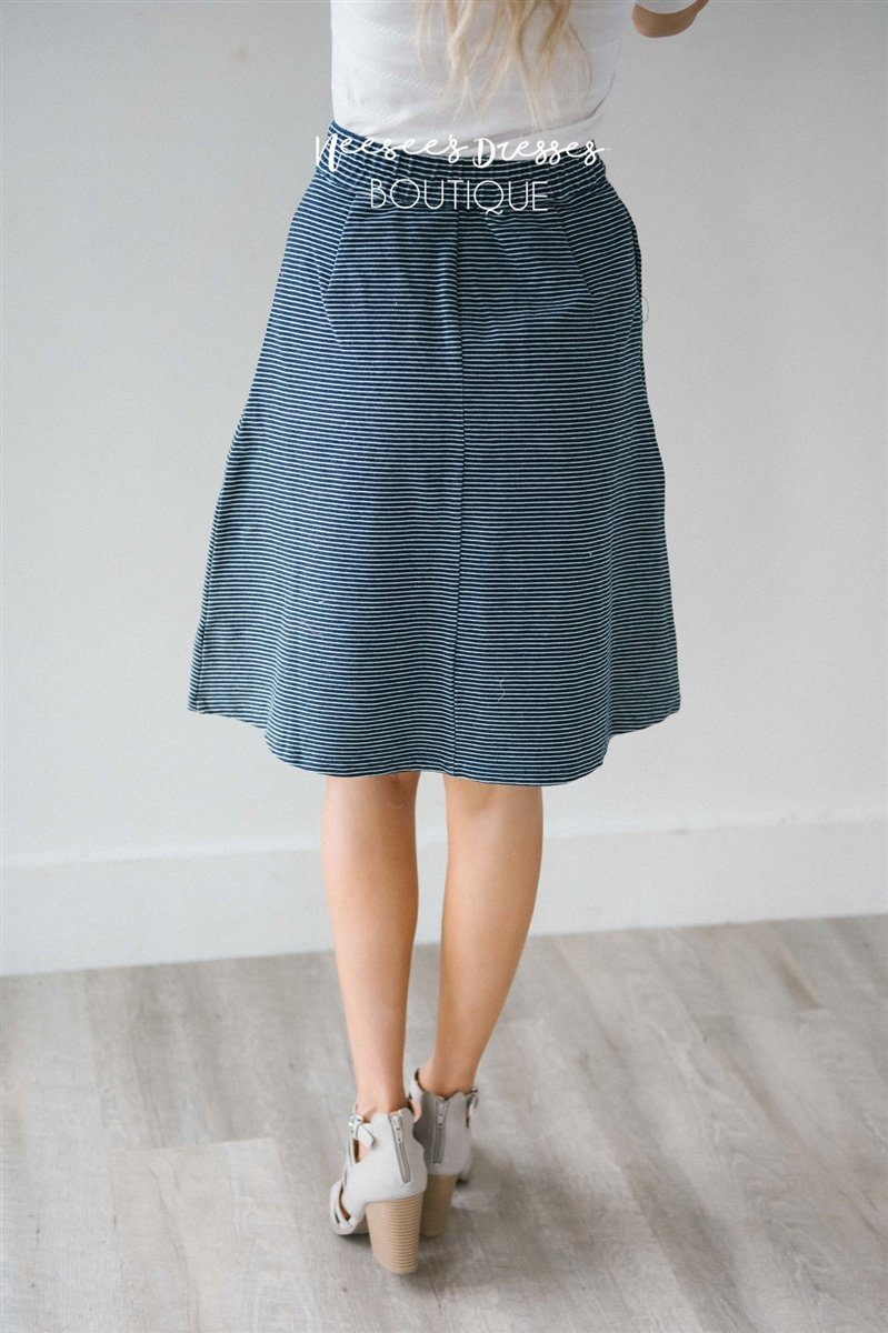 Navy Striped Aline Pocket Skirt Skirts vendor-unknown 