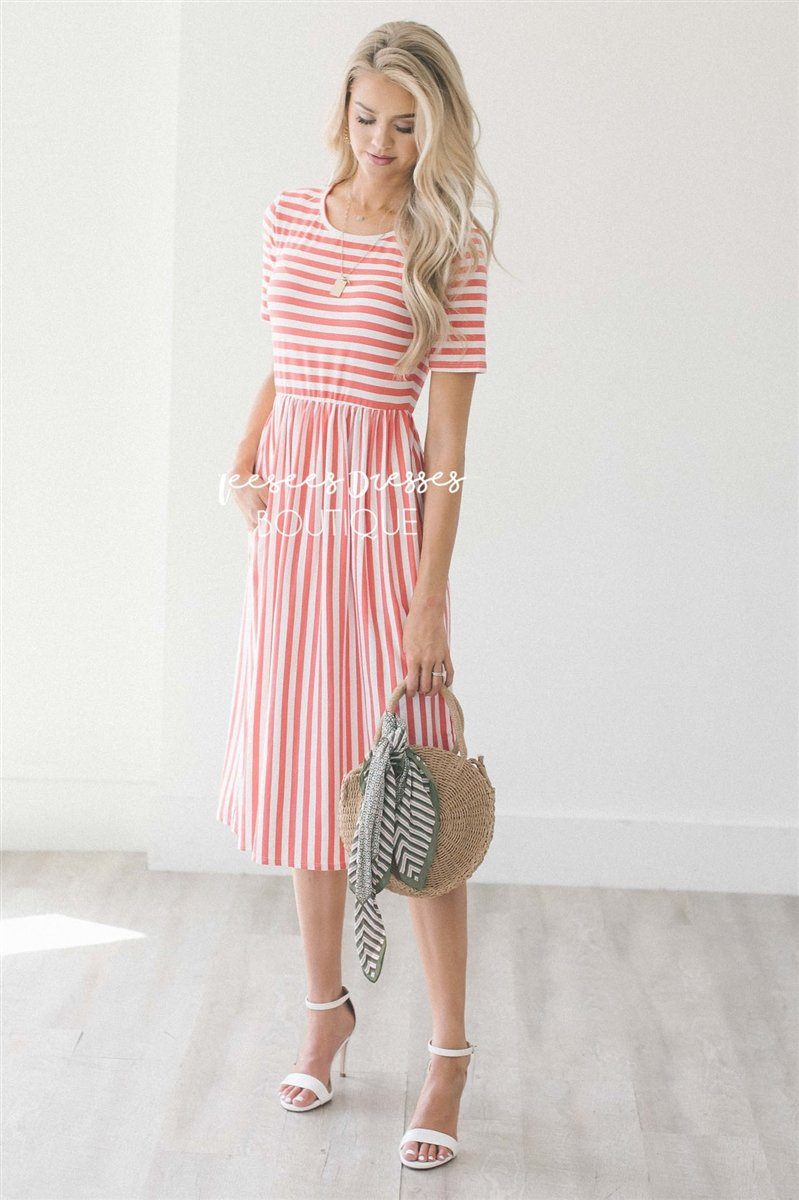 White Coral Stripe Pocket Dress | Best Place To Buy Modest Dress