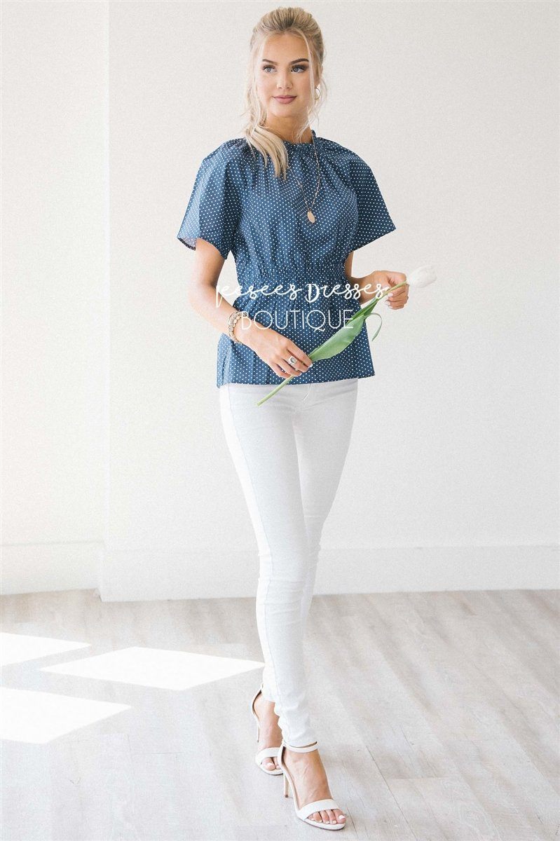 Polka Dot Cinched Peplum Top Tops vendor-unknown Navy Polka Dot S 