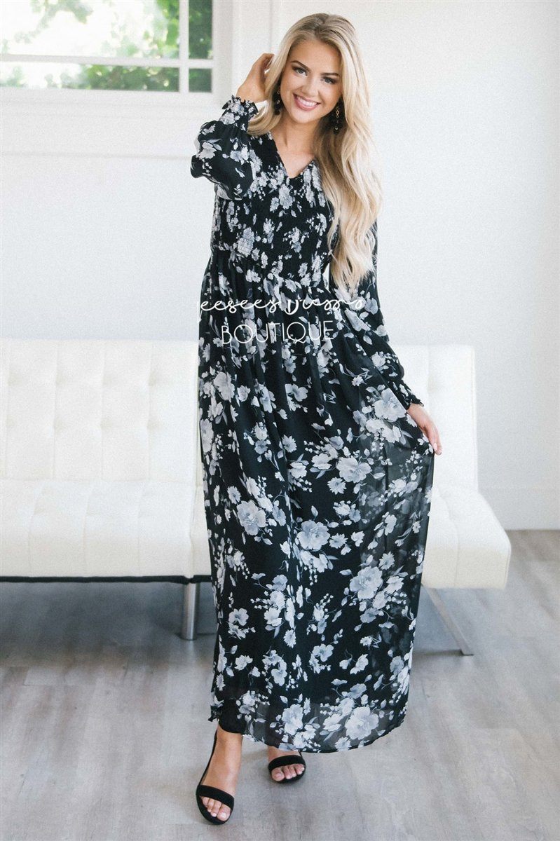 The Olivia Modest Dresses vendor-unknown Black & Gray Watercolor Floral S 