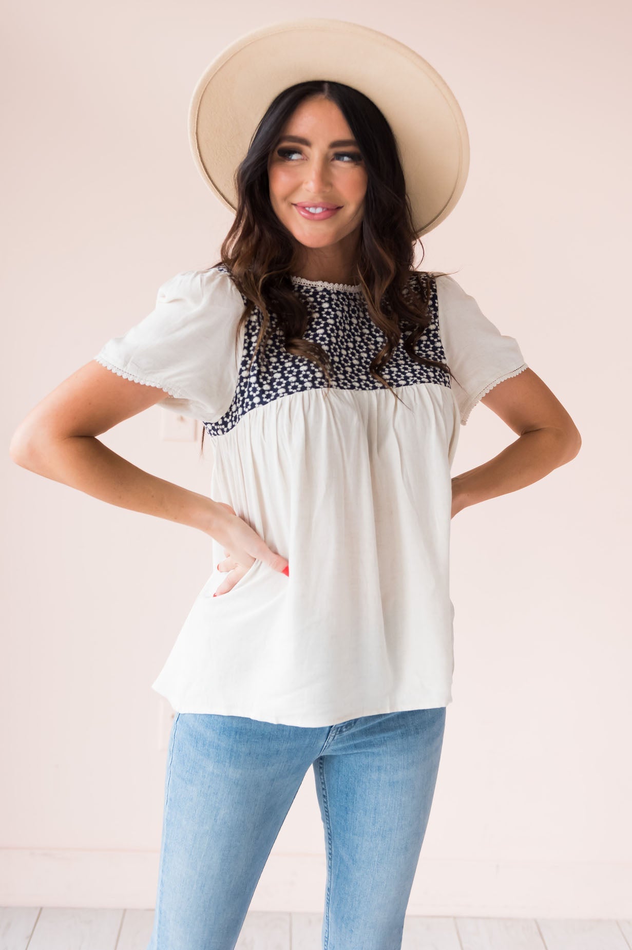 Hopeful Day Modest Embroidered Blouse Tops vendor-unknown 