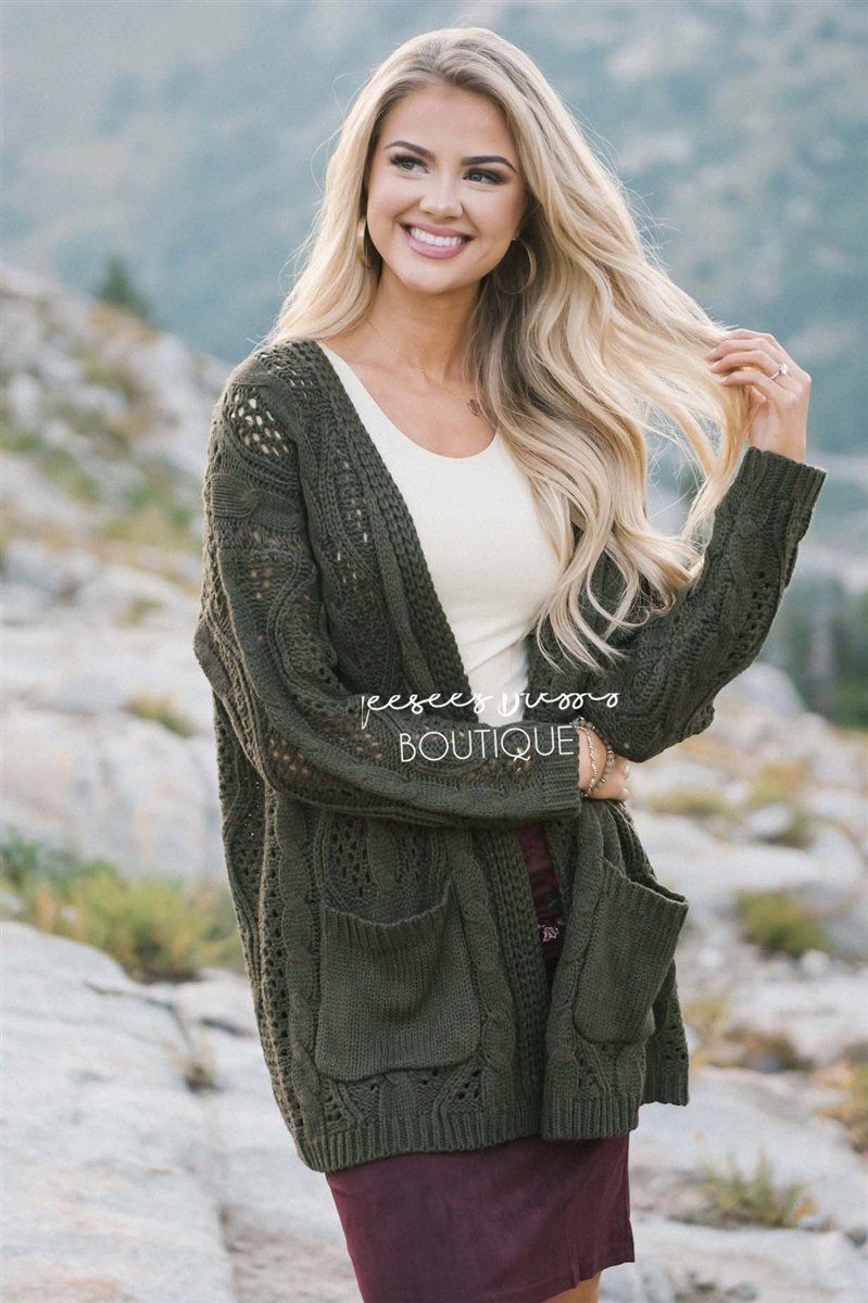 Over Sized Crochet Knit Cardigan Tops vendor-unknown Olive S 