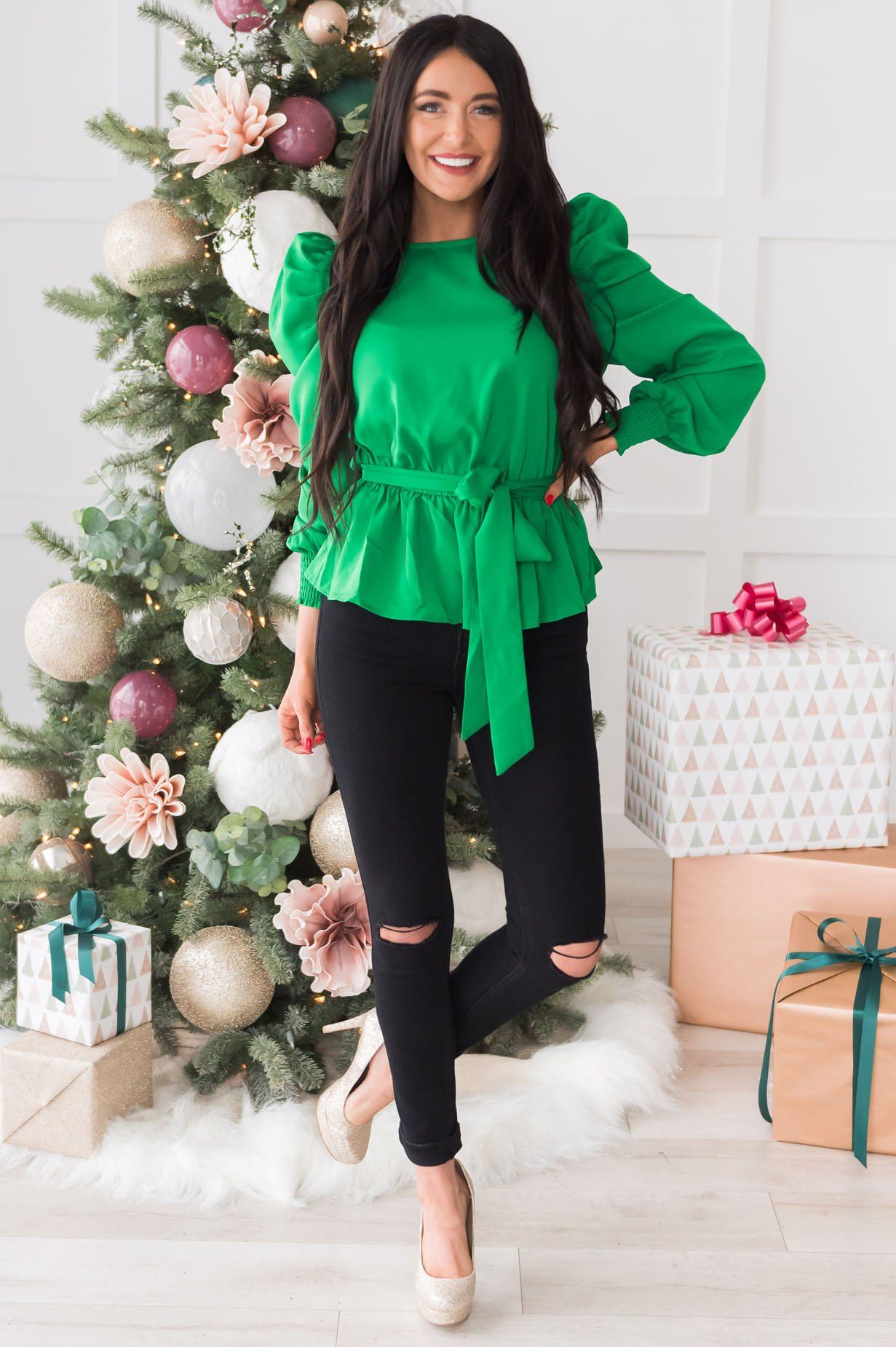 Santa's Helper Puff Sleeve Modest Blouse Tops vendor-unknown 