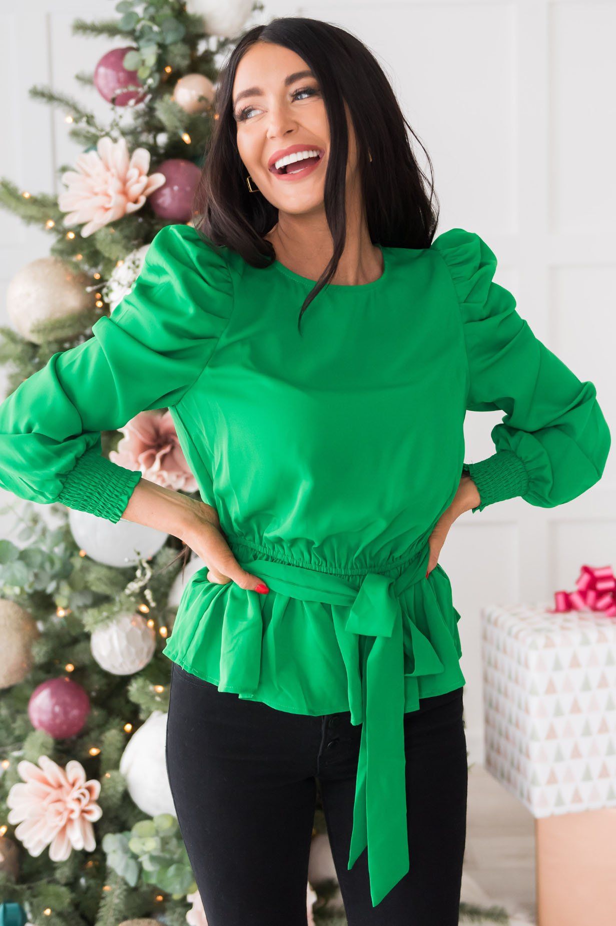 Santa's Helper Puff Sleeve Modest Blouse Tops vendor-unknown 