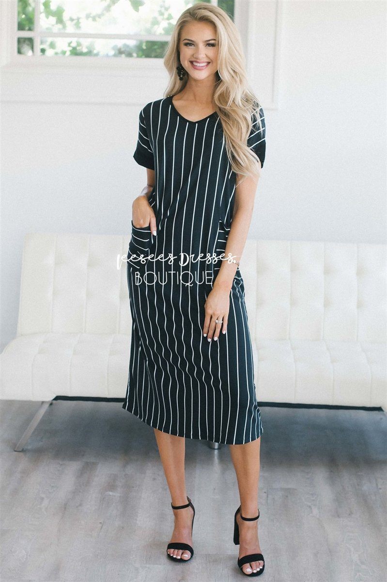 The Taylee Swing Dress Modest Dresses vendor-unknown Black & White Stripes S 