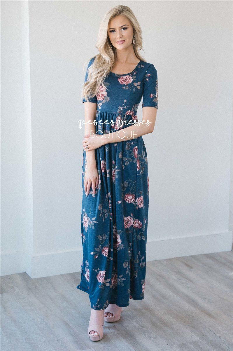 The Mindy Modest Dresses vendor-unknown Faded Navy & Rose Floral XS 