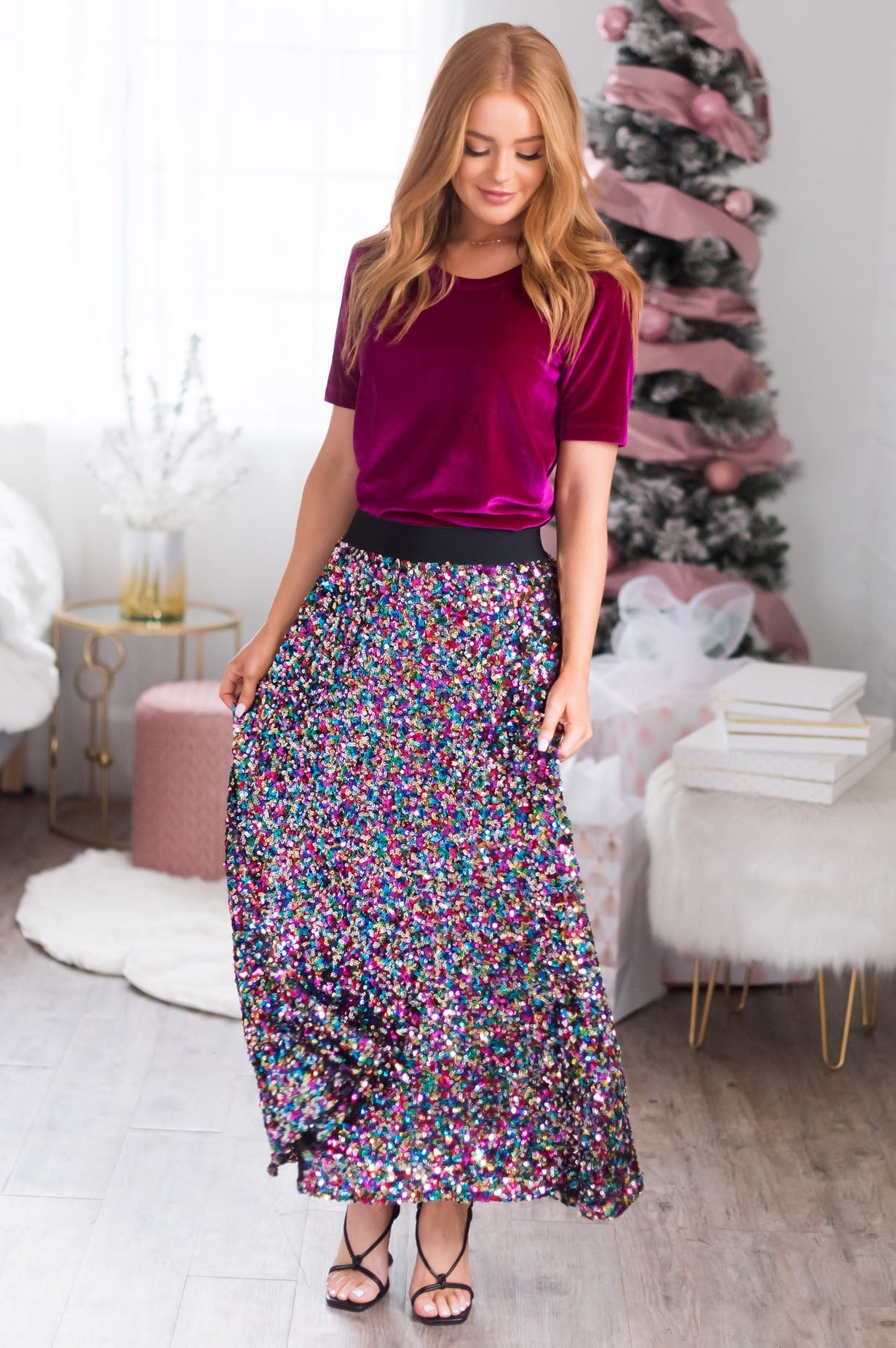 Holiday Celebrations Modest Sequin Skirt Skirts vendor-unknown 