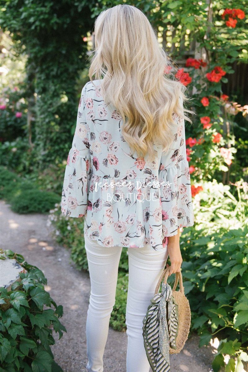 Chiffon Floral Peplum Bell Sleeve Top Tops vendor-unknown 