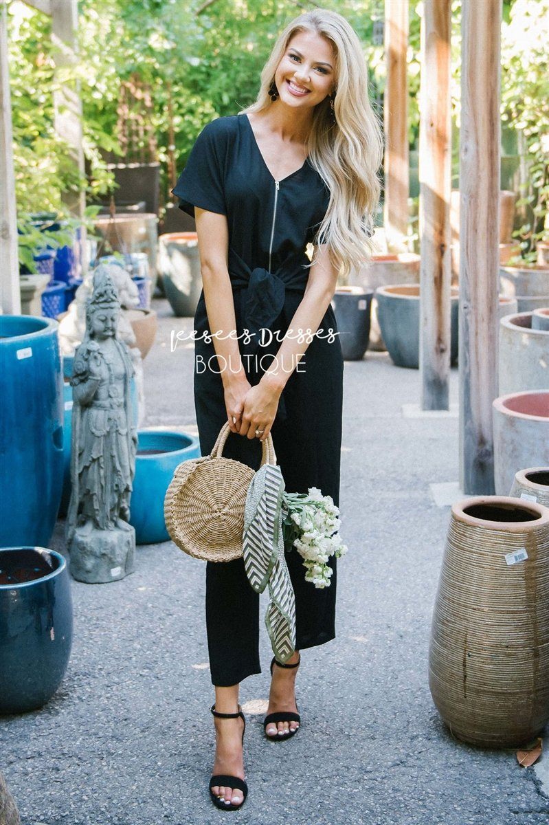 Zipper & Tie Front Jumpsuit Modest Dresses vendor-unknown Black S 