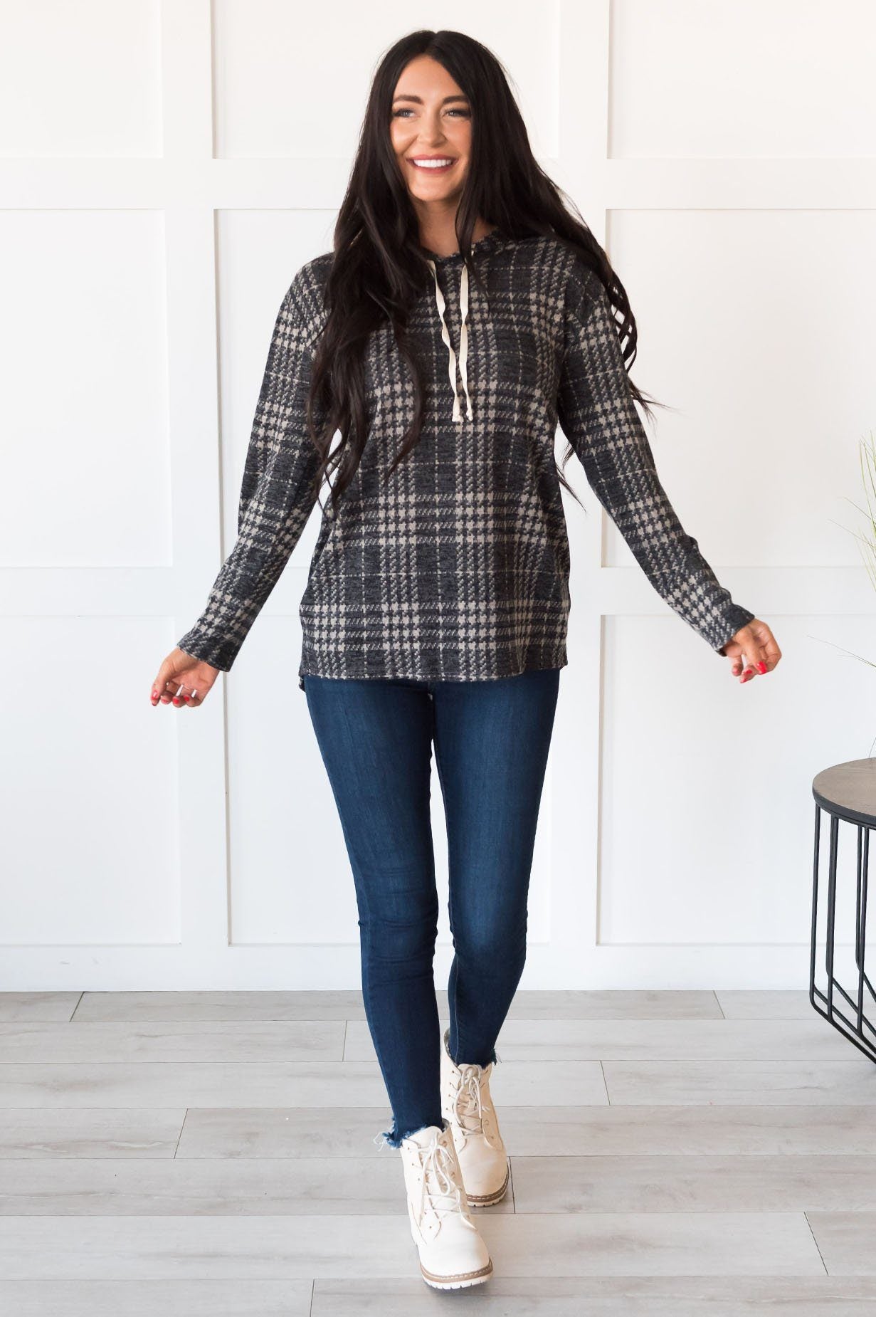 Daylight Stroll Houndstooth Modest Hoodie Tops vendor-unknown 