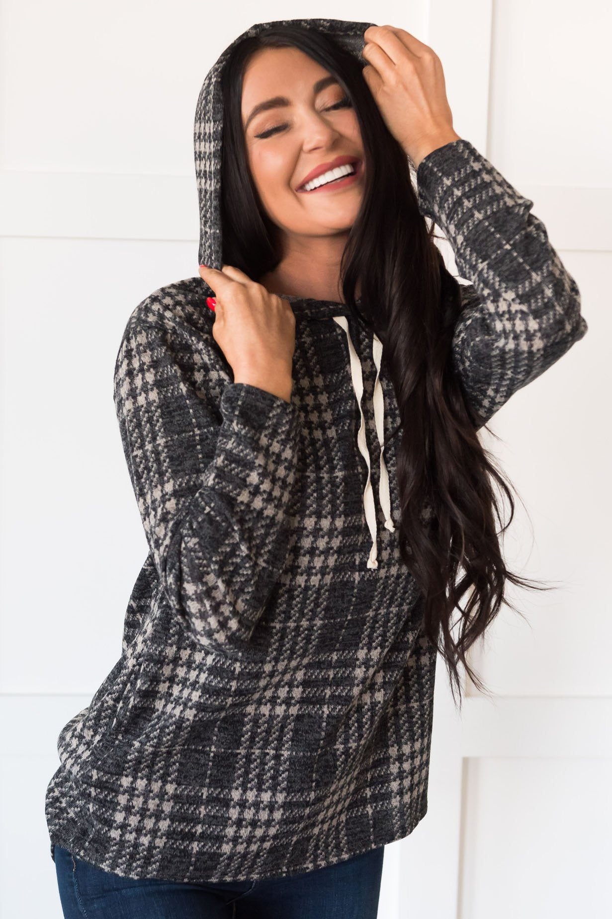 Daylight Stroll Houndstooth Modest Hoodie Tops vendor-unknown 