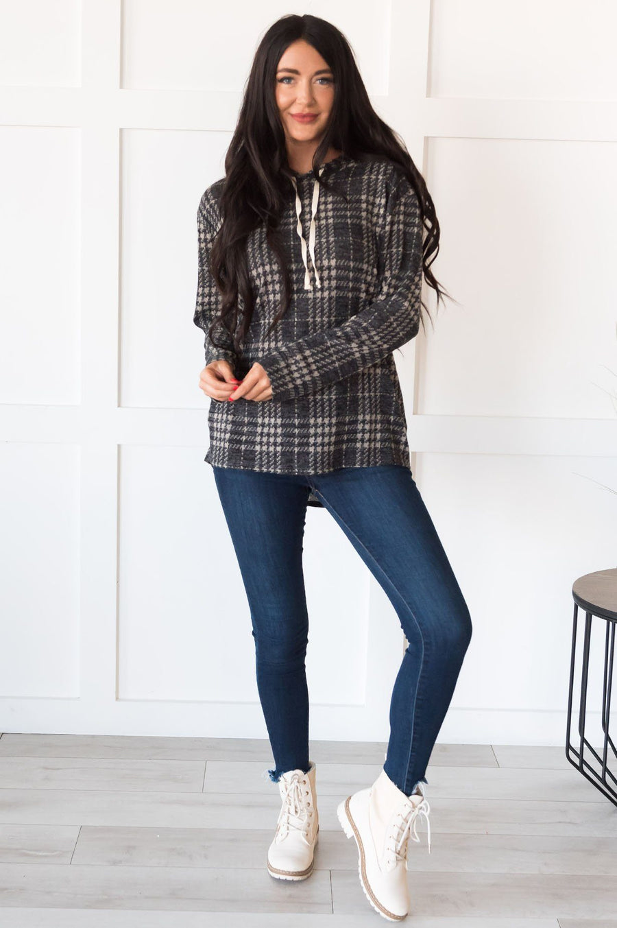 Daylight Stroll Houndstooth Modest Hoodie Tops vendor-unknown 