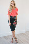 Black Rose Embroidered Pencil Skirt Skirts vendor-unknown Black XS 