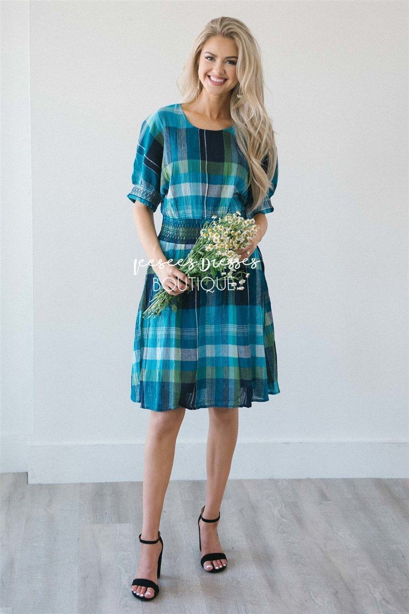 The Kyleen Modest Dresses vendor-unknown Bright Blue Plaid XS 