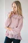 Ruffle Yoke Button Front Blouse Tops vendor-unknown Blush Pink S