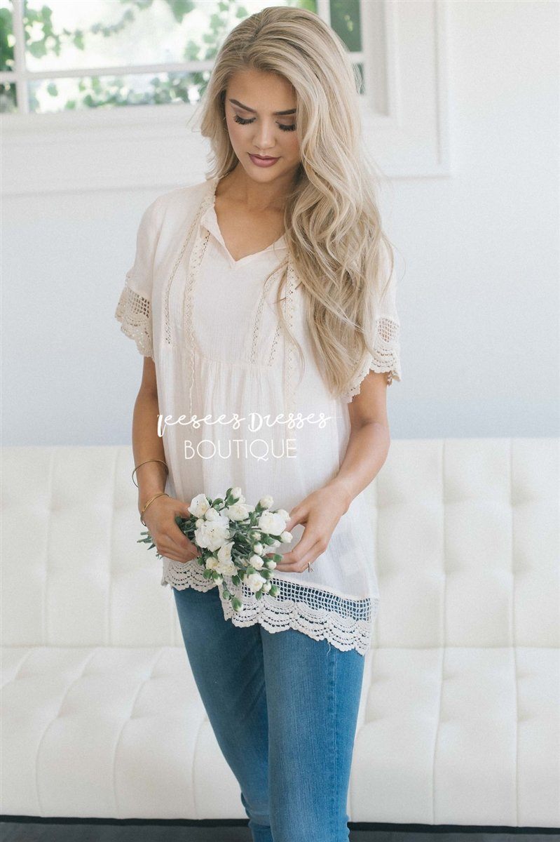Baby Doll Lace Scallop Hem Blouse Tops vendor-unknown S Cream 