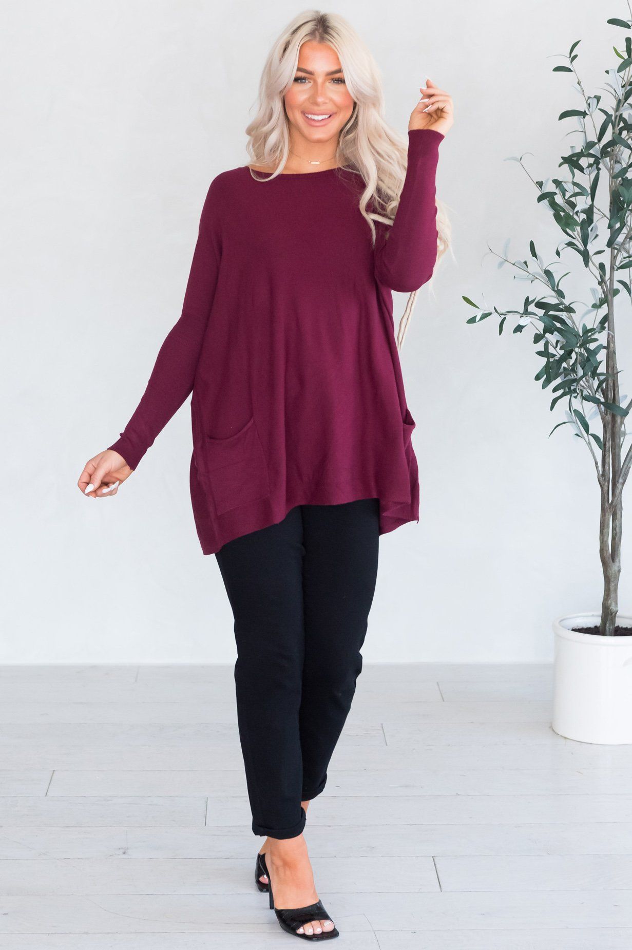 Lovely Day Modest Pocket Sweater Tops vendor-unknown 