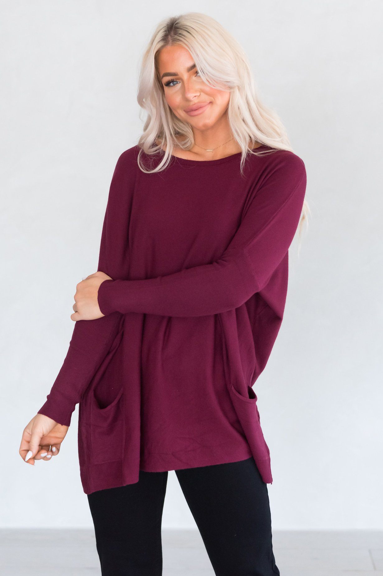 Lovely Day Modest Pocket Sweater Tops vendor-unknown 