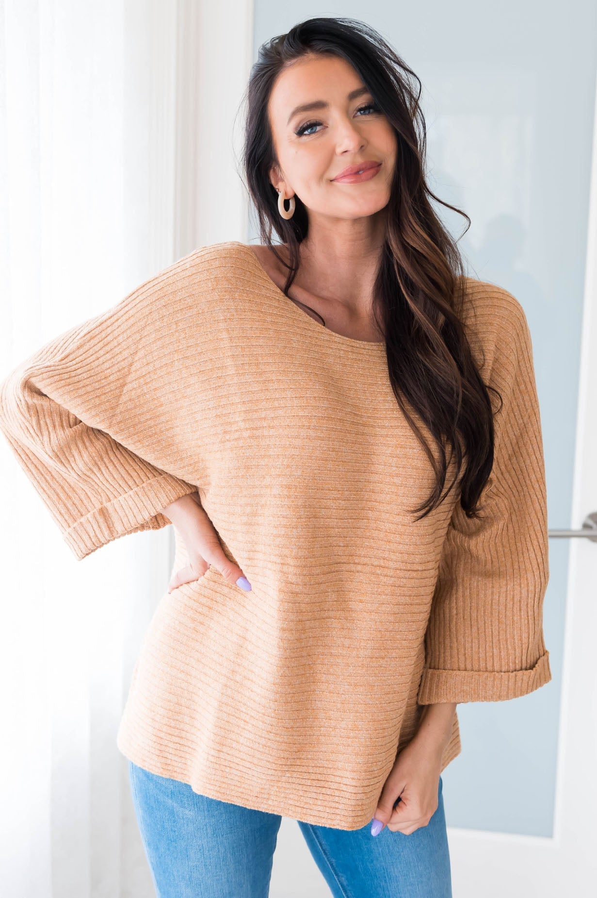 Breezy and Beautiful Modest Ribbed Sweater Tops vendor-unknown 