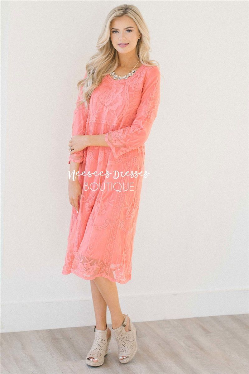 Day Dreamer Lace Dress in Coral Modest Dresses vendor-unknown Small/Medium Coral 