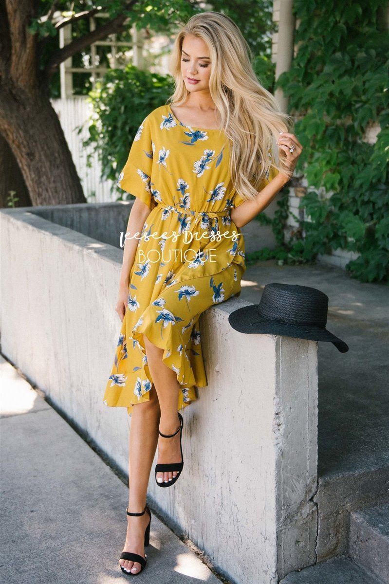 The Mylee Modest Dresses vendor-unknown Rustic Gold & Cornflower Blue Floral S 