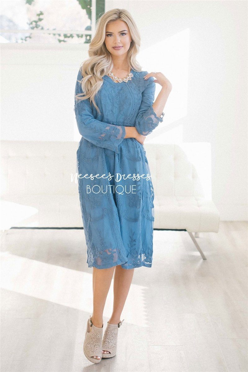 Day Dreamer Lace Dress in Cornflower Blue Modest Dresses vendor-unknown 