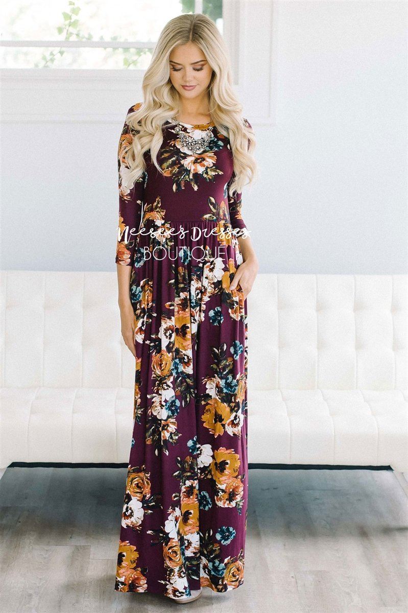 Burgundy Watercolor Floral Maxi Dress Modest Dresses vendor-unknown 