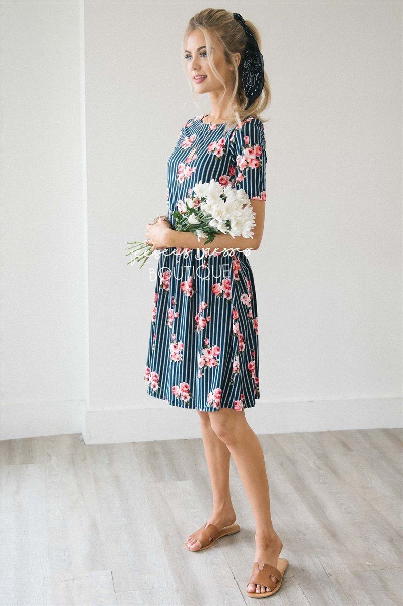 The Natalie Modest Dresses vendor-unknown Navy Pinstripe & Bright Pink Floral XS 