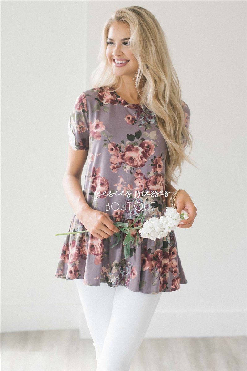 Dusty Lilac Floral Peplum Lace Sleeve Top Tops vendor-unknown S Dusty Lilac Floral 