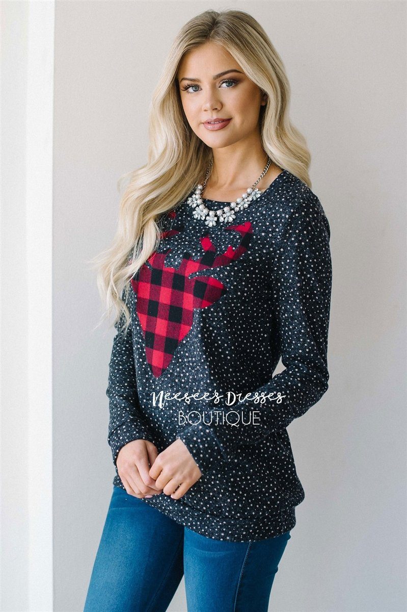 Falling Snow Plaid Reindeer Sweater Tops vendor-unknown 