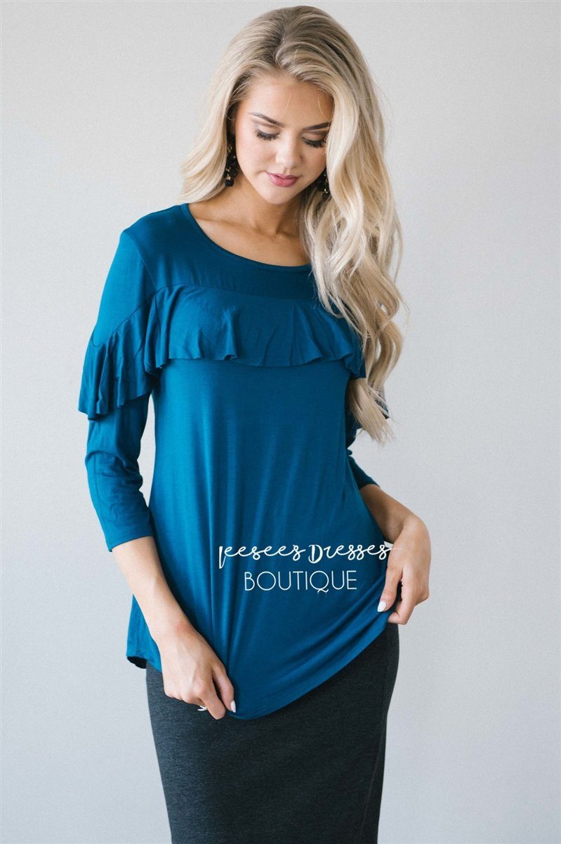 Ruffle Front Detail 3/4 Length Sleeve Top Tops vendor-unknown S Dark Teal 