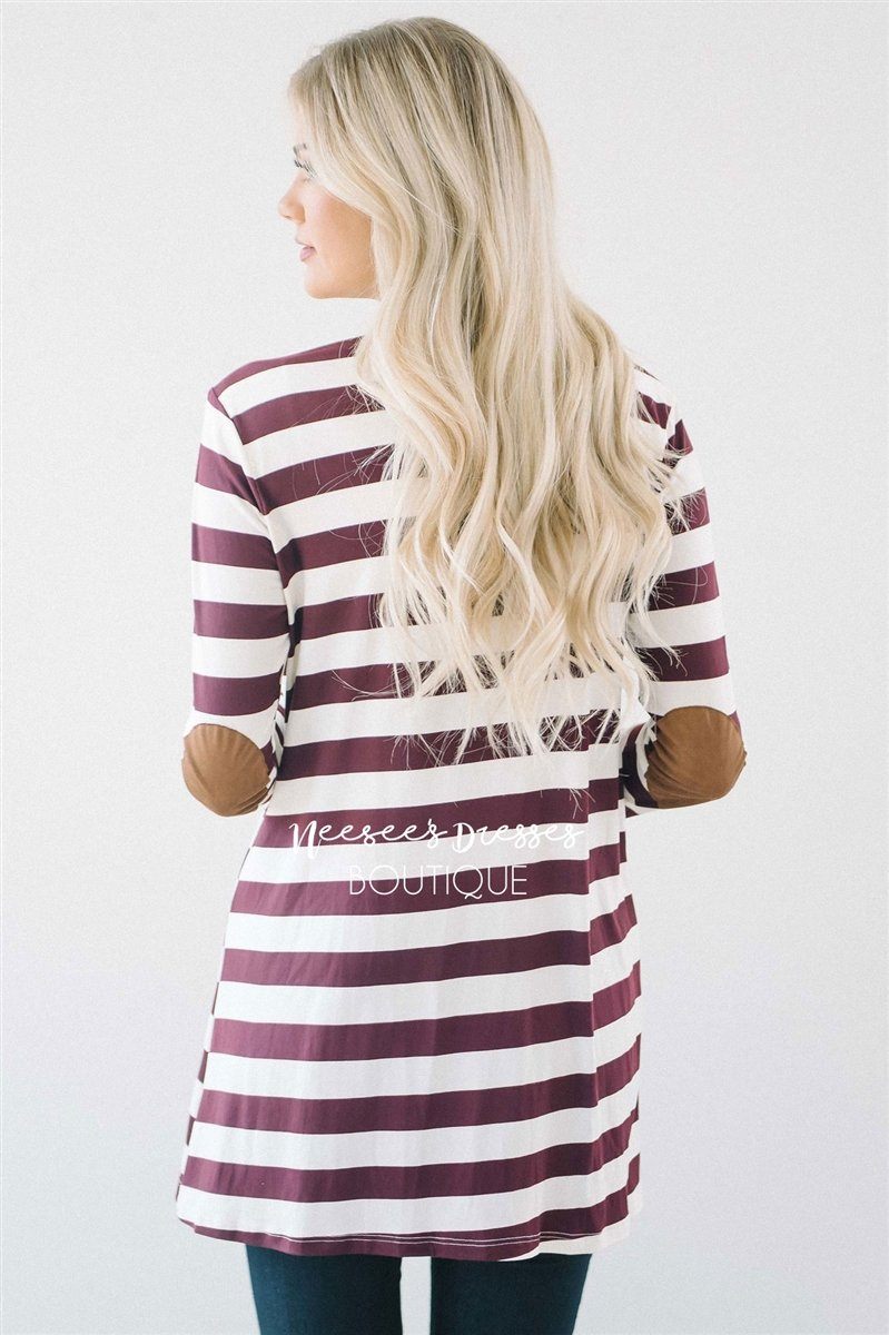 Burgundy Stripe Elbow Patch Cardigan Tops vendor-unknown 