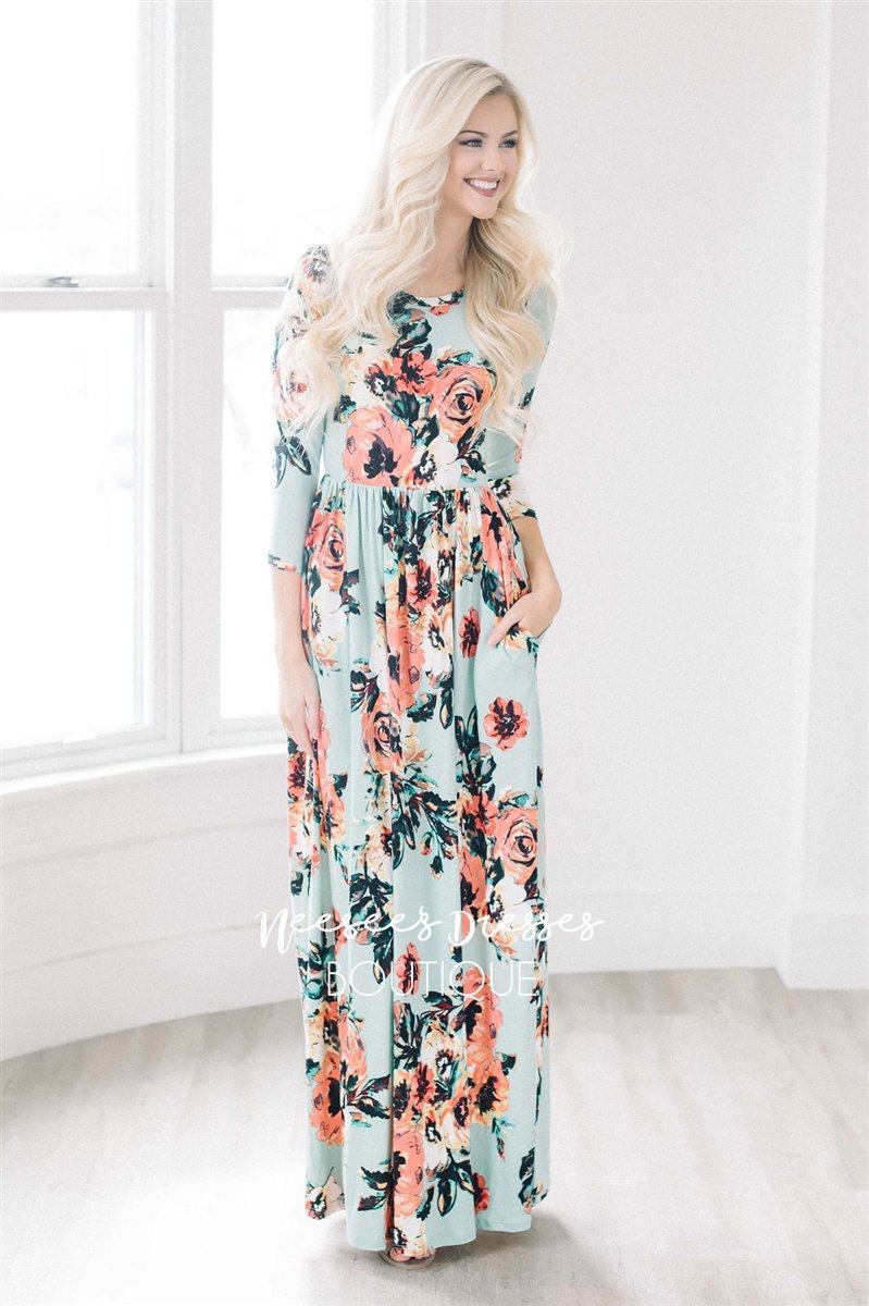 Mint Watercolor Floral Maxi Dress 50% OFF Summer Sale vendor-unknown 