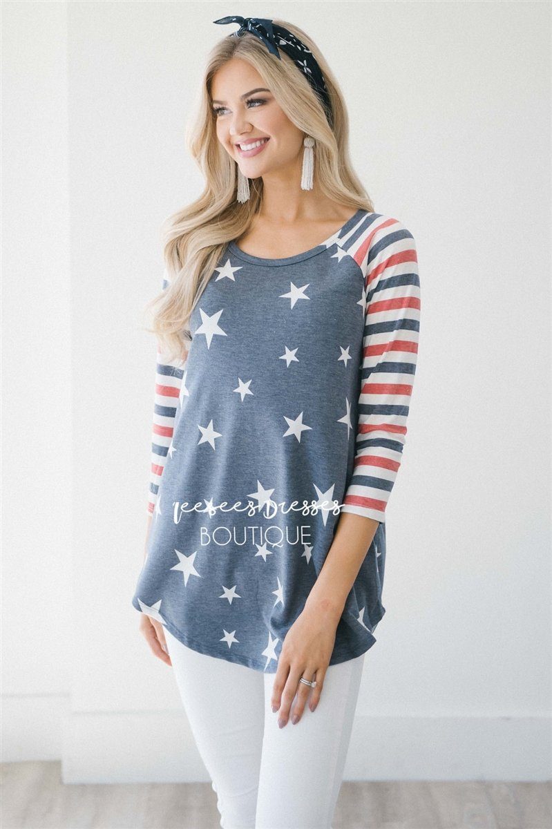 Stars & Stripes Baseball Sleeve Top Red White & Blue vendor-unknown S Dusty Navy/ Striped Sleeves 