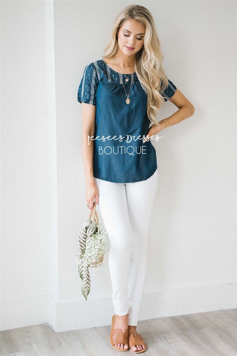Embroidered Chambray Top Tops vendor-unknown 