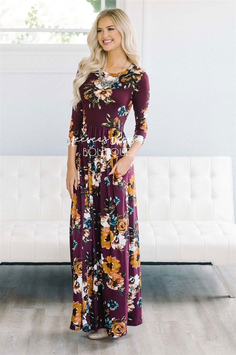 Burgundy Watercolor Floral Maxi Dress Modest Dresses vendor-unknown 