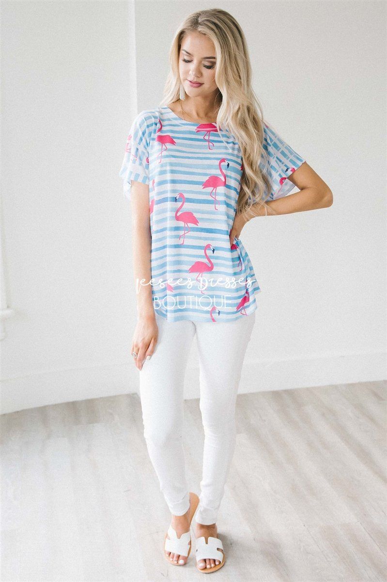 Flamingo Print Striped Top Tops vendor-unknown 